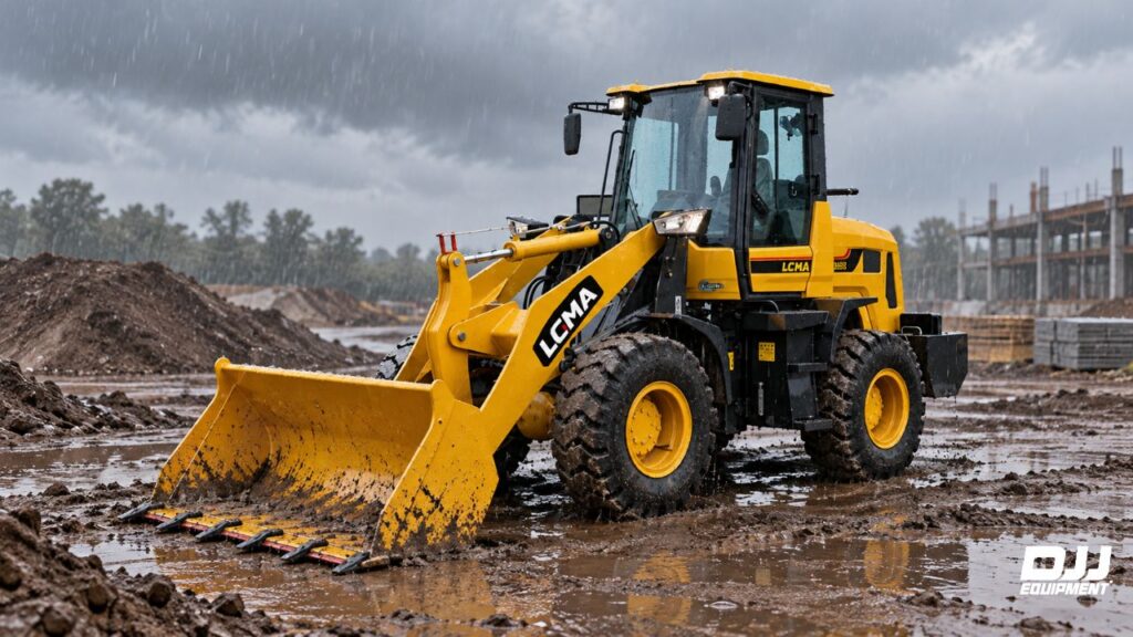 a wheel loader working in mud