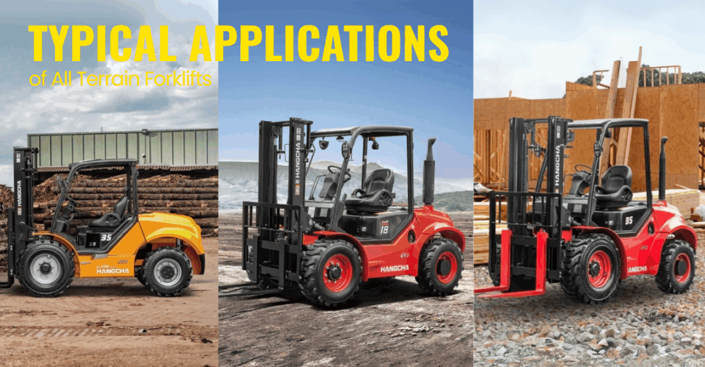 Illustration of three all-terrain forklifts in different environments: a forest on the left, a mining site in the center, and a construction site on the right, each forklift operating in its respective setting.