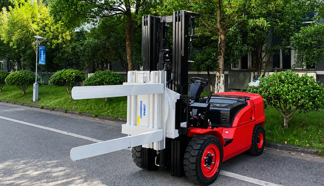 Forklift fitted with a fork positioner attachment