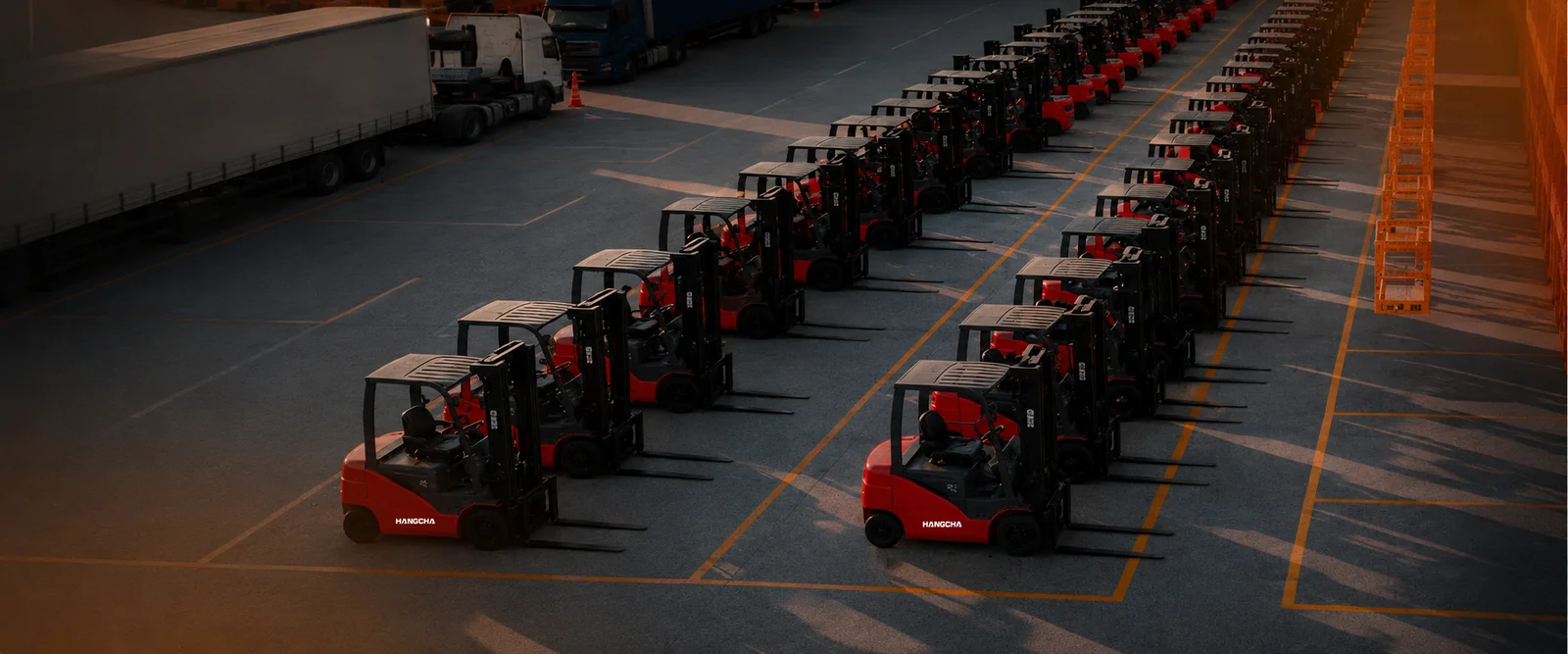 Aerial view of a DJJ Equipment yard with rows of red forklifts at dusk