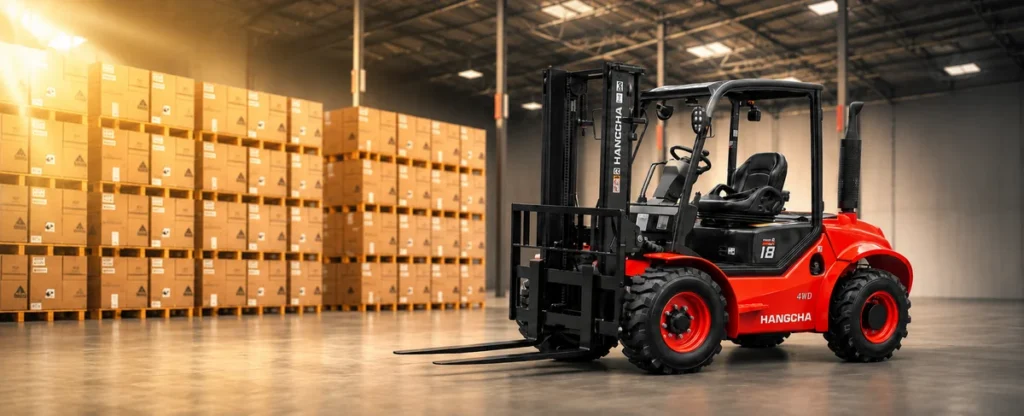 Red Hangcha rough terrain forklift in a warehouse of stacked pallets