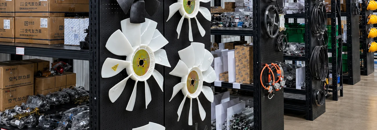 Forklift replacement parts and cooling fans on shelves in a parts store