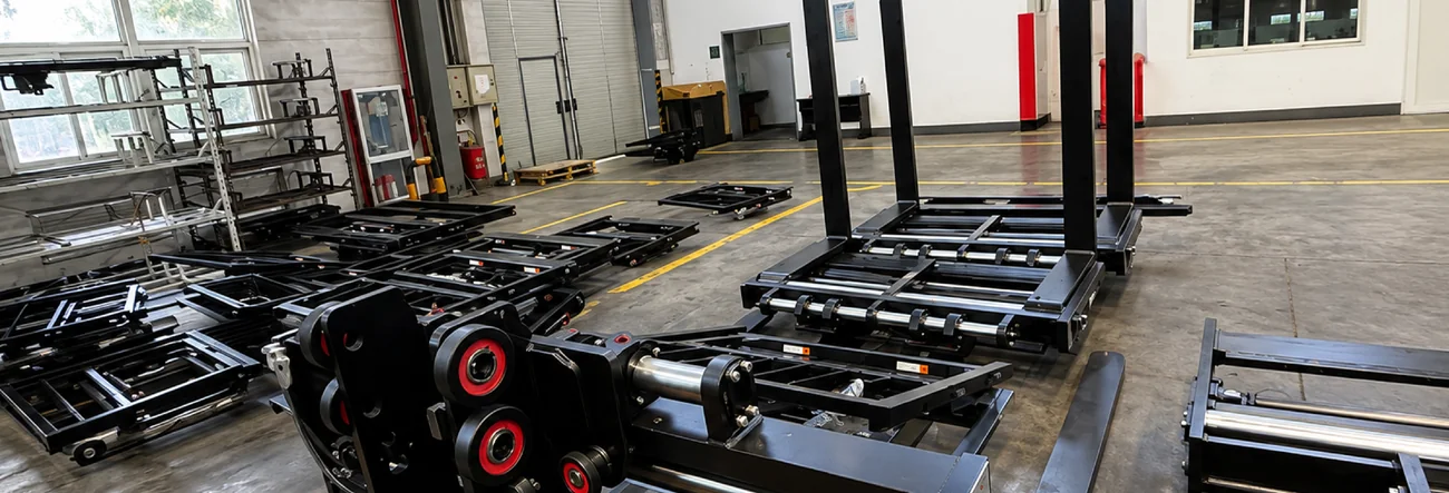 Forklift attachments and fork positioners lined up on a workshop floor