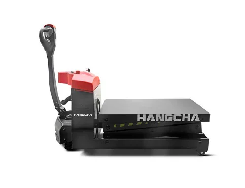 Side view of Hangcha scissor lift pallet truck with platform fully lowered