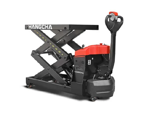 Hangcha pallet truck with scissor platform raised showing branding on platform edge