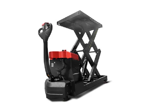 Hangcha scissor lift pallet truck with platform raised, viewed from tiller side