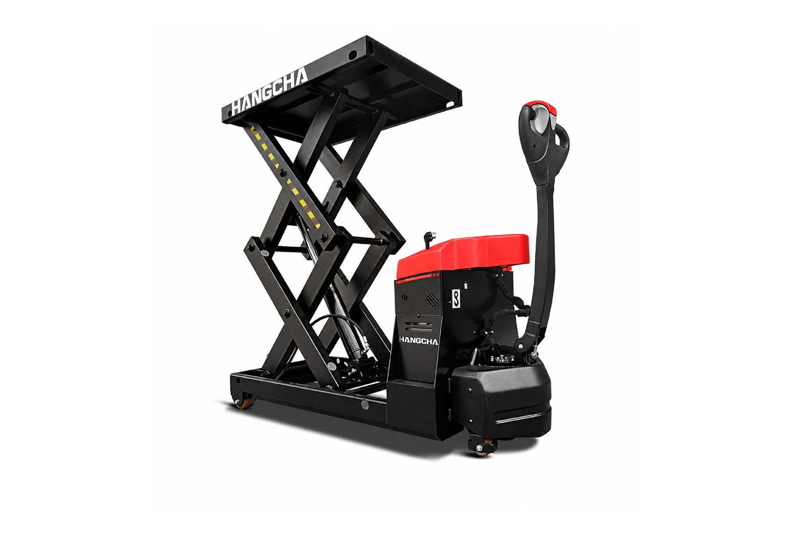 Hangcha lithium pallet truck with scissor lift platform raised, three-quarter view