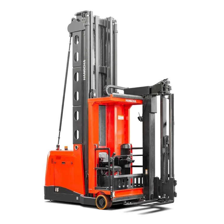 Hangcha lithium-ion turret stockpicker with tall mast and turret forks, three-quarter view