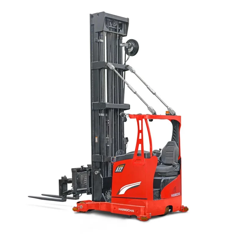 Hangcha A Series man-down turret truck with tall triple mast, front three-quarter view