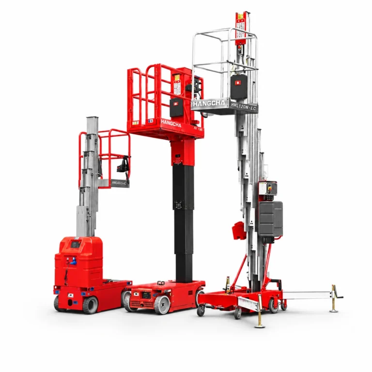 Three Hangcha HV Series electric vertical mast lifts shown side by side
