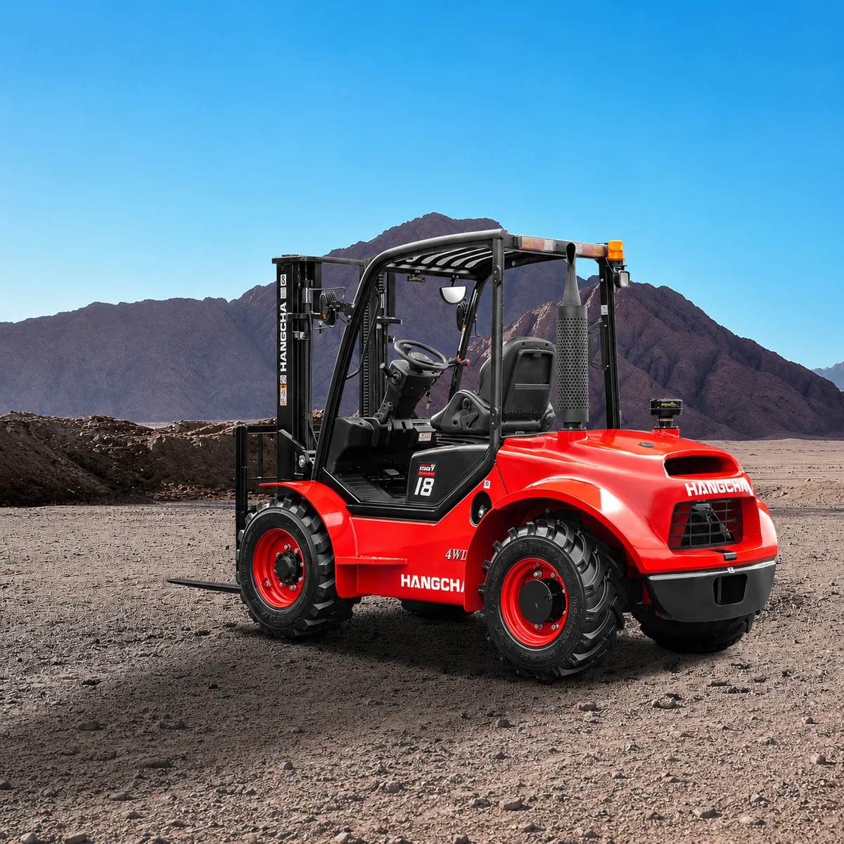 Hangcha four wheel drive rough terrain forklift on dirt ground with mountains behind