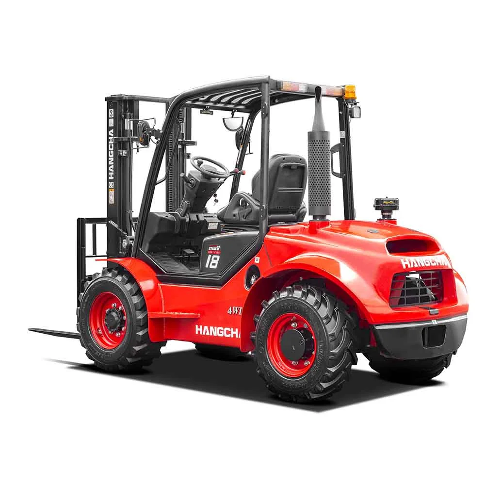 Rear three-quarter view of Hangcha rough terrain forklift showing counterweight and 4WD tyres