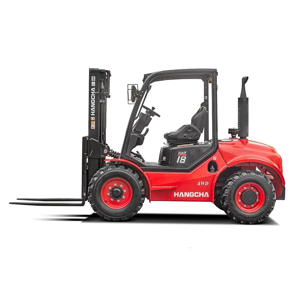 Side view of Hangcha 1.8 tonne rough terrain forklift with two-stage mast