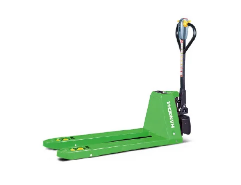 Hangcha WS Series electric pallet truck viewed from the fork end with tiller upright