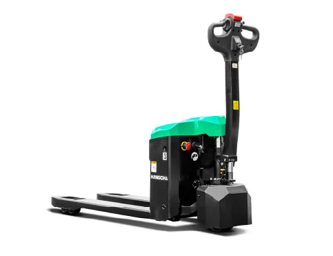 Hangcha XA Series mini pallet truck viewed from fork side with tiller upright