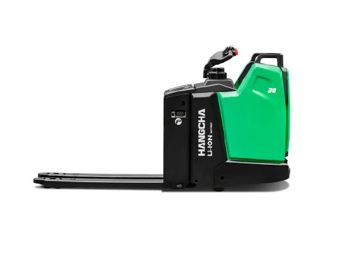 Hangcha X Series rider pallet truck side view with lithium battery branding and forks lowered