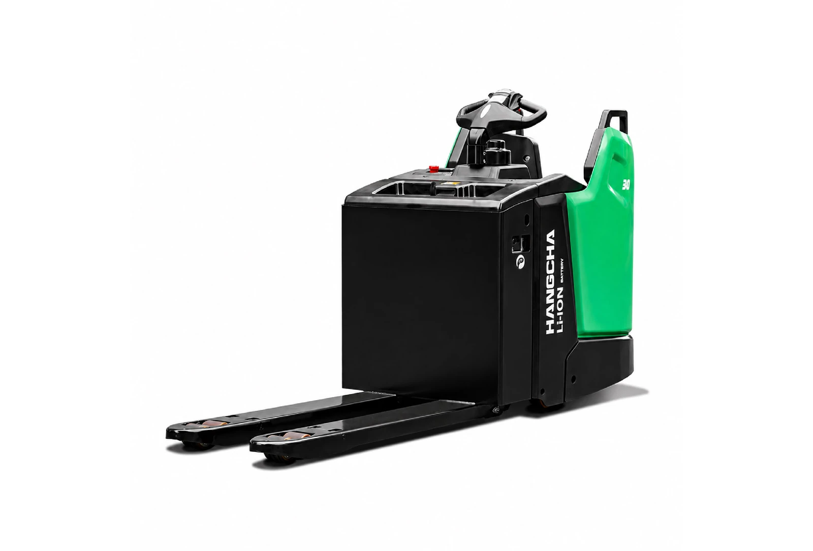 Hangcha X Series electric rider pallet truck with forks forward, front three-quarter view