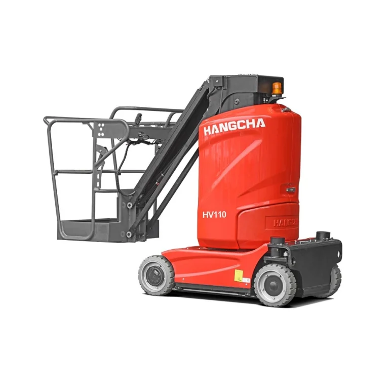 Hangcha HV110 vertical mast lift with platform lowered, front three-quarter view