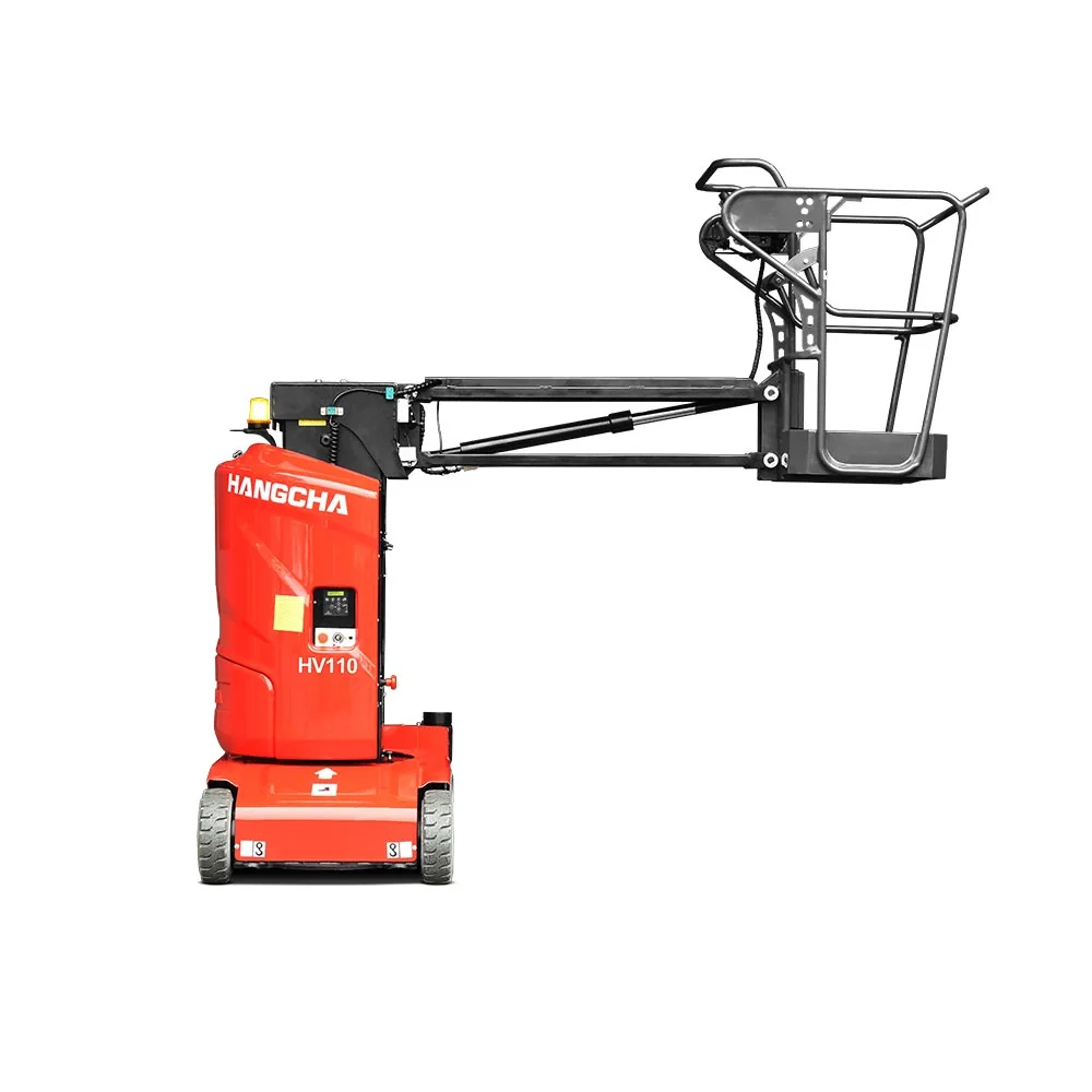 Hangcha HV110 vertical mast lift with jib arm extended outward, side view