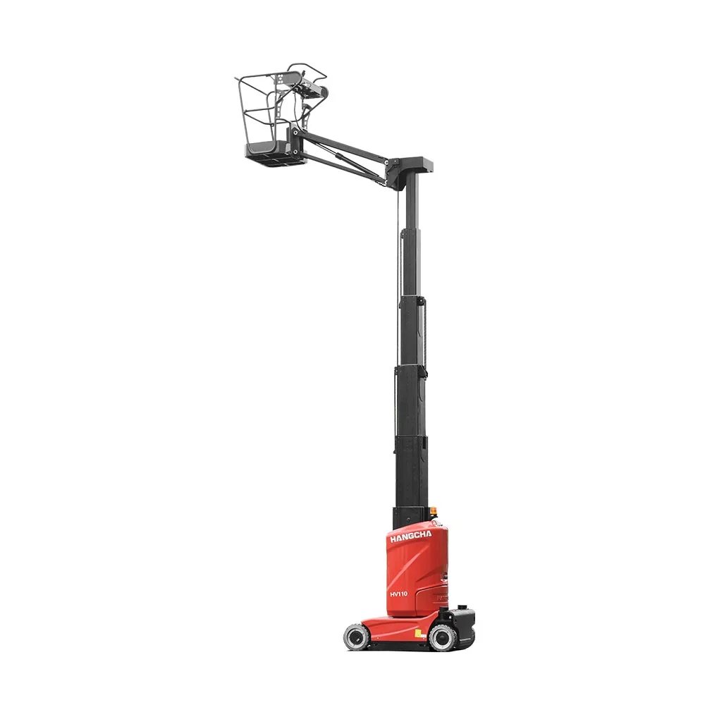 Hangcha HV Series vertical mast lift with mast fully raised and basket at height