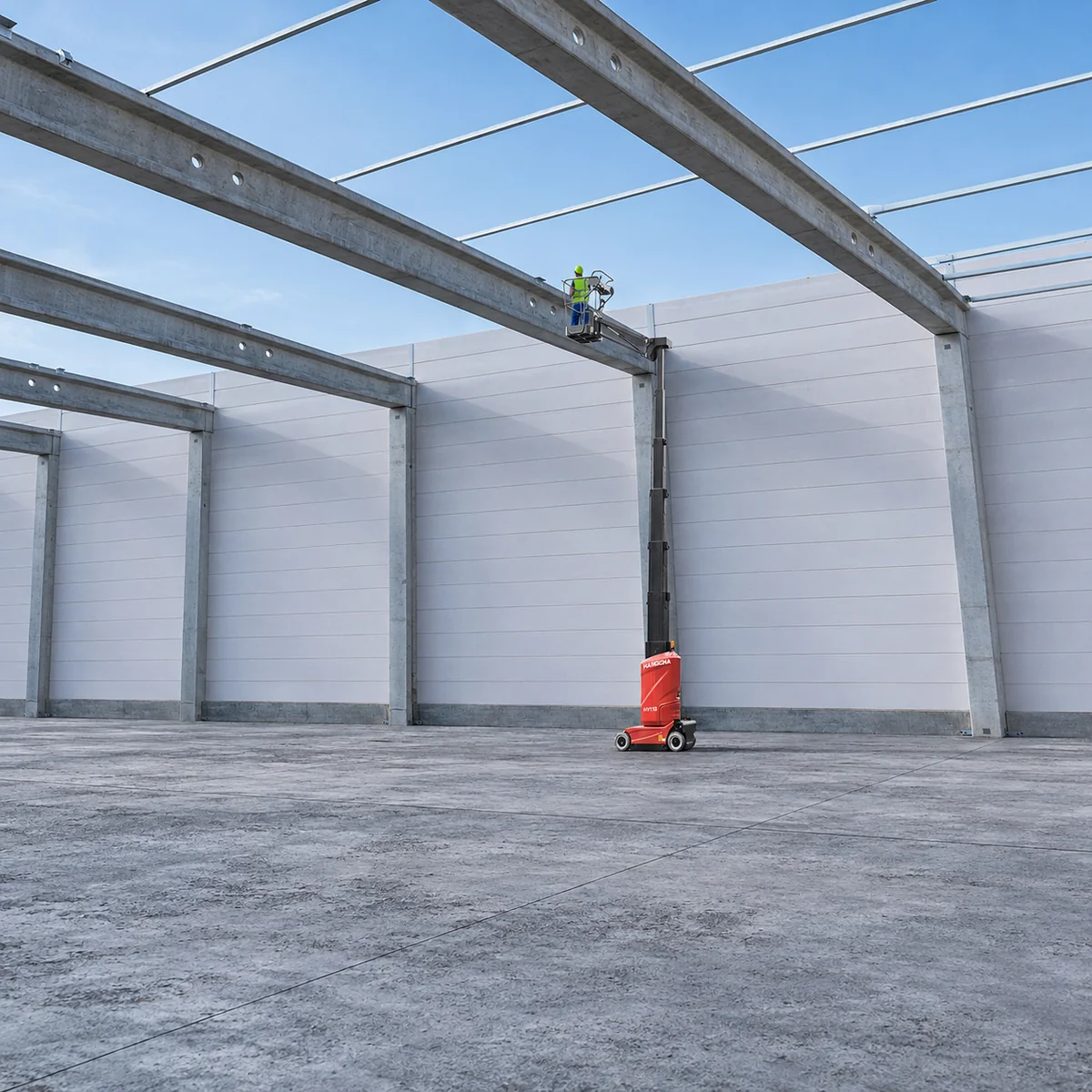 Operator on a Hangcha HV Series vertical mast lift working at height on a steel-framed building