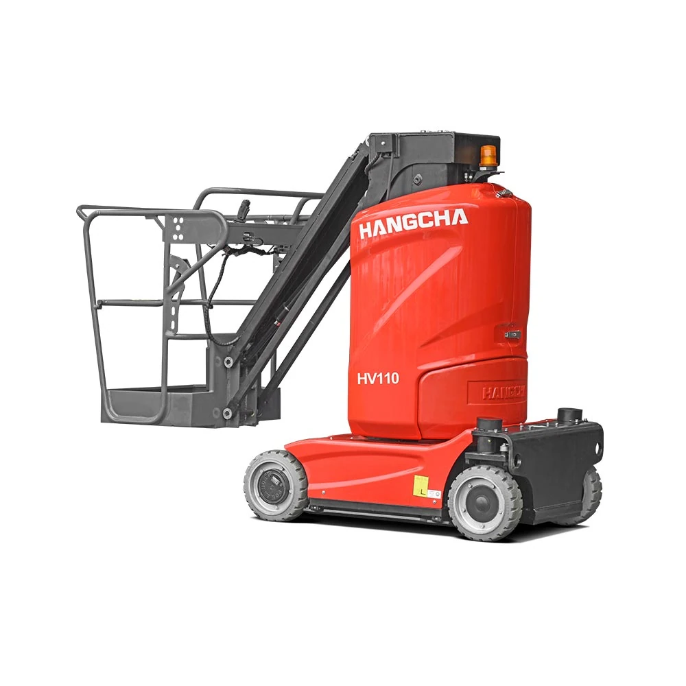 Hangcha HV110 vertical mast lift with platform lowered, front three-quarter view