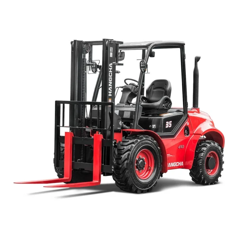 Hangcha 4WD rough terrain forklift 3.5 tonne, front three-quarter view with forks lowered
