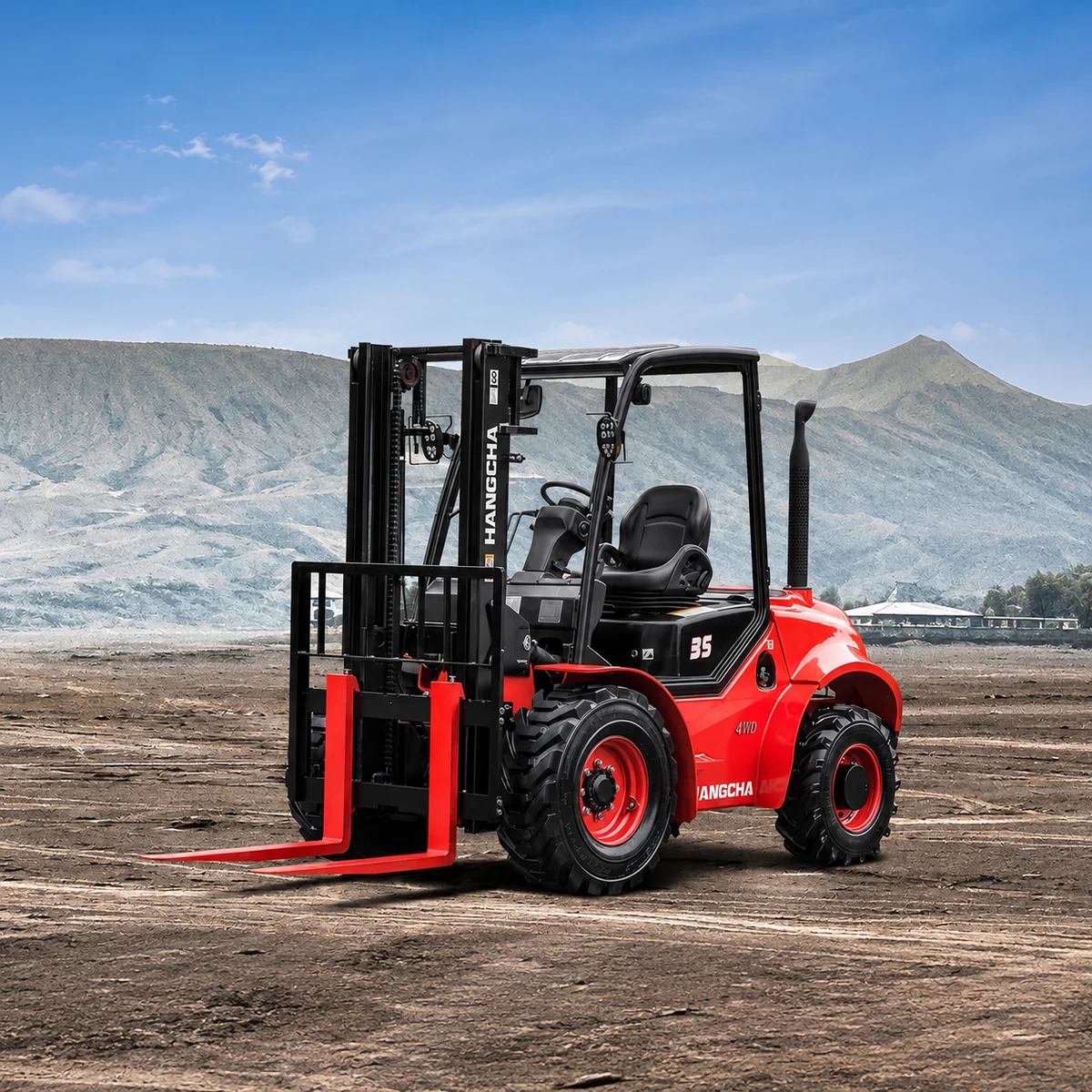 Hangcha 4WD rough terrain forklift working on open dirt ground with mountains behind