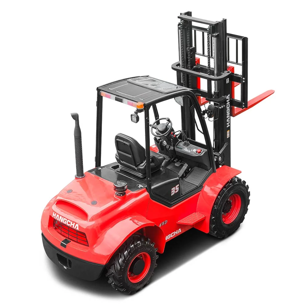 Rear three-quarter view of Hangcha 4WD rough terrain forklift with mast raised