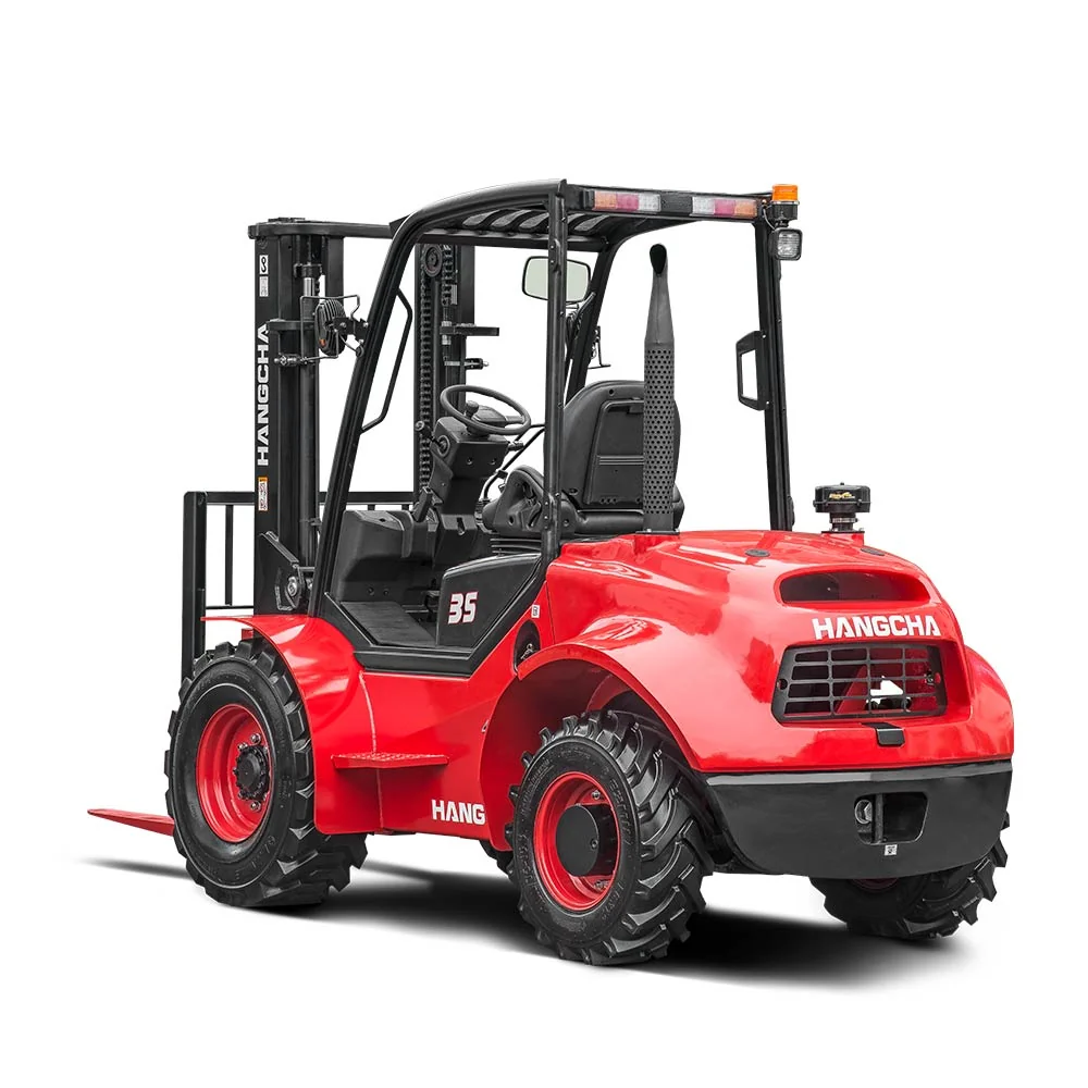 Hangcha rough terrain forklift seen from the rear showing counterweight and 4WD tyres