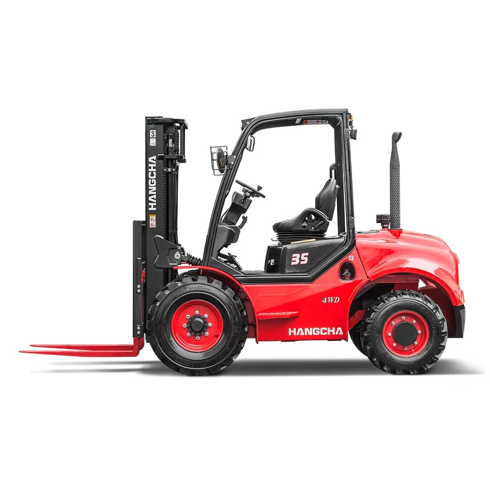 Side view of Hangcha 4WD rough terrain forklift showing mast and rough terrain tyres