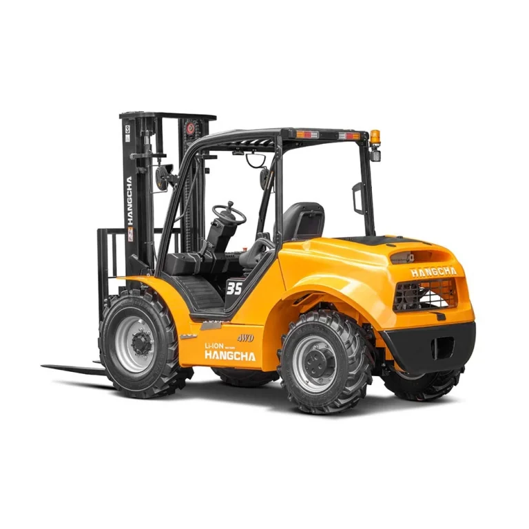 Hangcha lithium rough terrain forklift 3.5 tonne in yellow, front three-quarter view