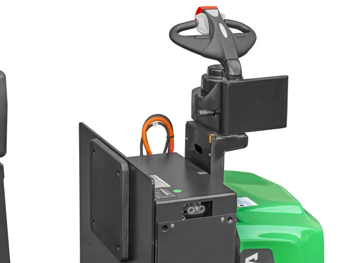 Close-up of Hangcha A Series tow tractor tiller control head and battery compartment