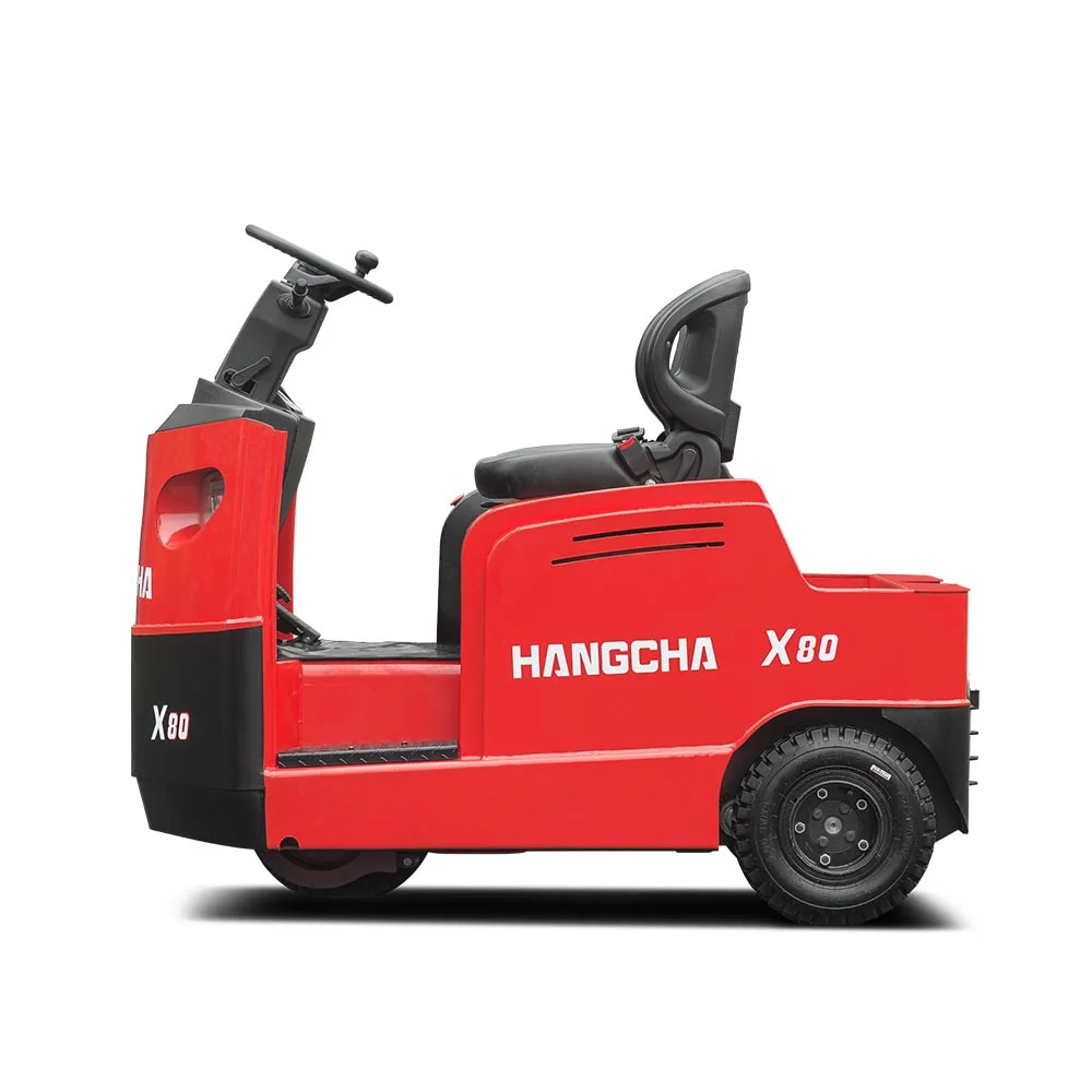 Side view of Hangcha X80 lithium-ion tow tractor showing steering wheel and seat