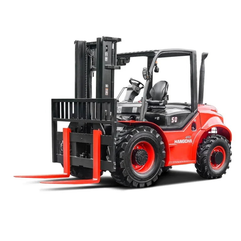 Hangcha 5-10T rough terrain forklift with black mast and red forks, front three-quarter view
