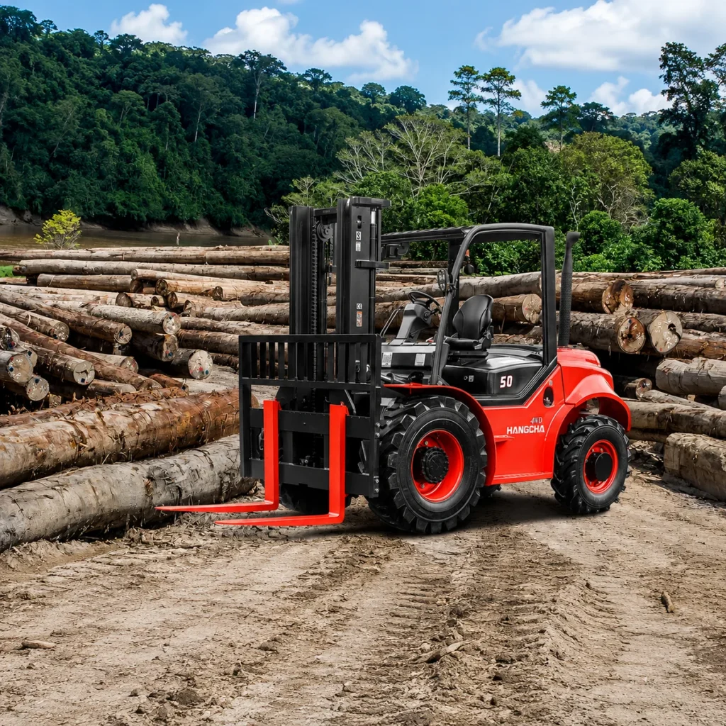 Hangcha rough terrain forklift working at a timber yard among stacked logs
