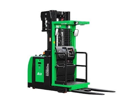 Hangcha A Series high-level narrow aisle order picker with 1.3 t capacity, operator platform and controls