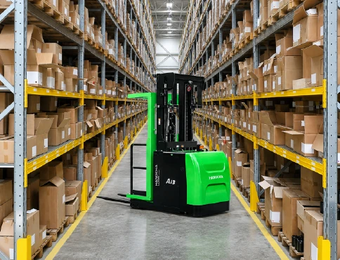 Hangcha A Series high-level narrow aisle order picker with 1.3 t capacity, working in a narrow warehouse aisle
