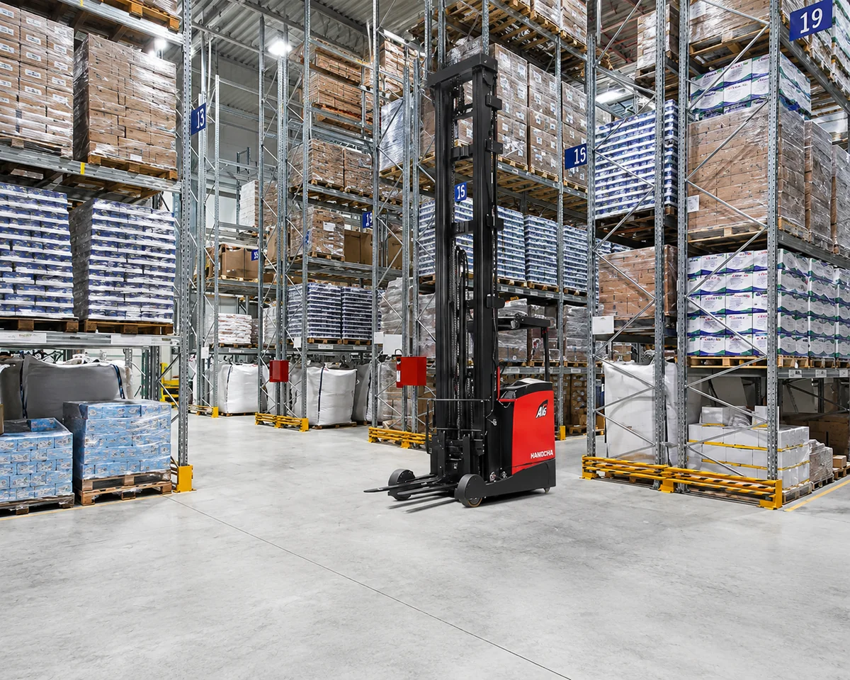 Hangcha A Series reach truck lifting to high pallet racking in busy warehouse