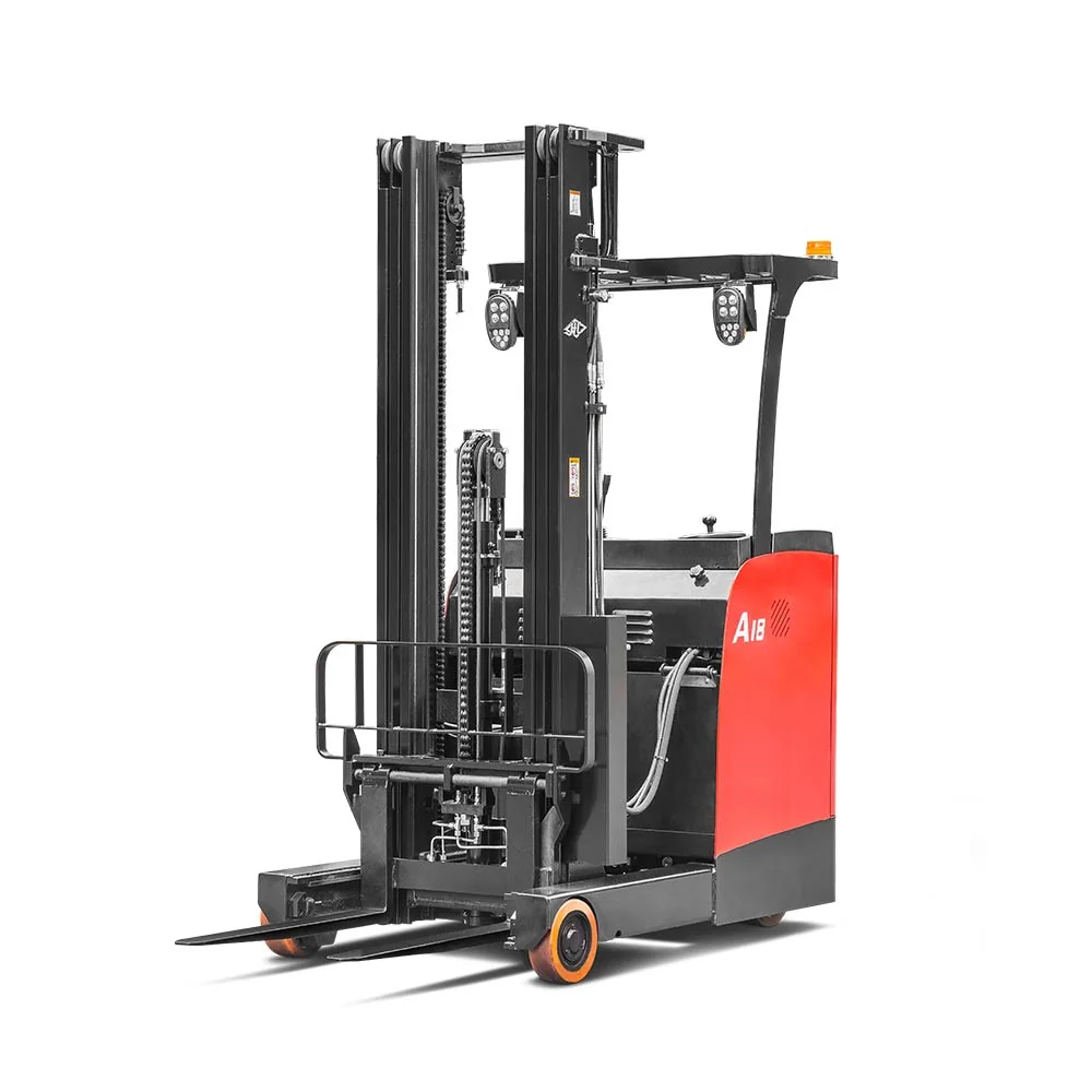 Front three-quarter view of Hangcha A18 reach truck showing mast and forks