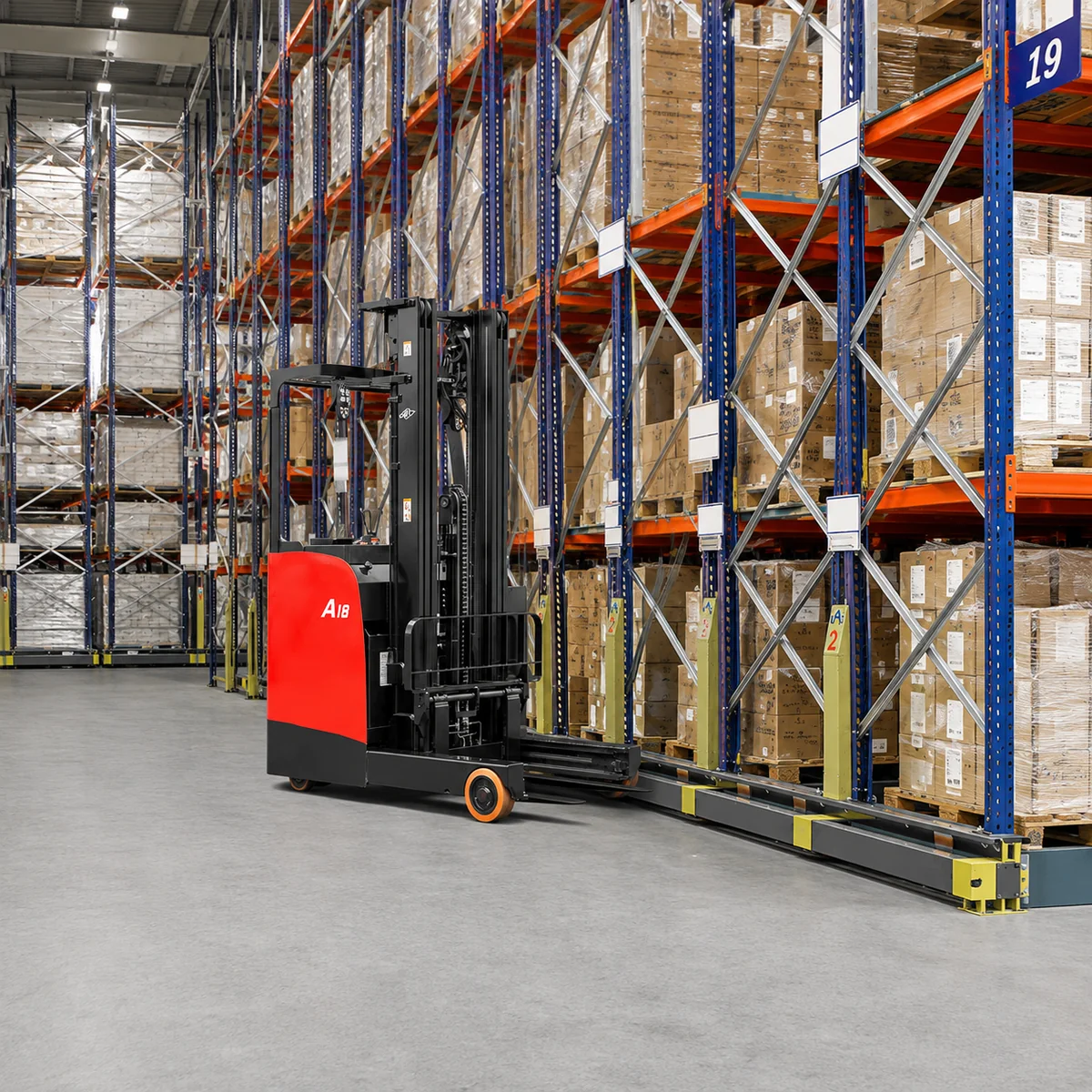 Hangcha A Series reach truck operating beside mobile pallet racking in warehouse