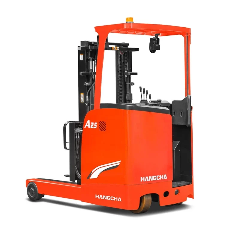 Hangcha A Series stand-up reach truck with overhead guard, rear three-quarter view
