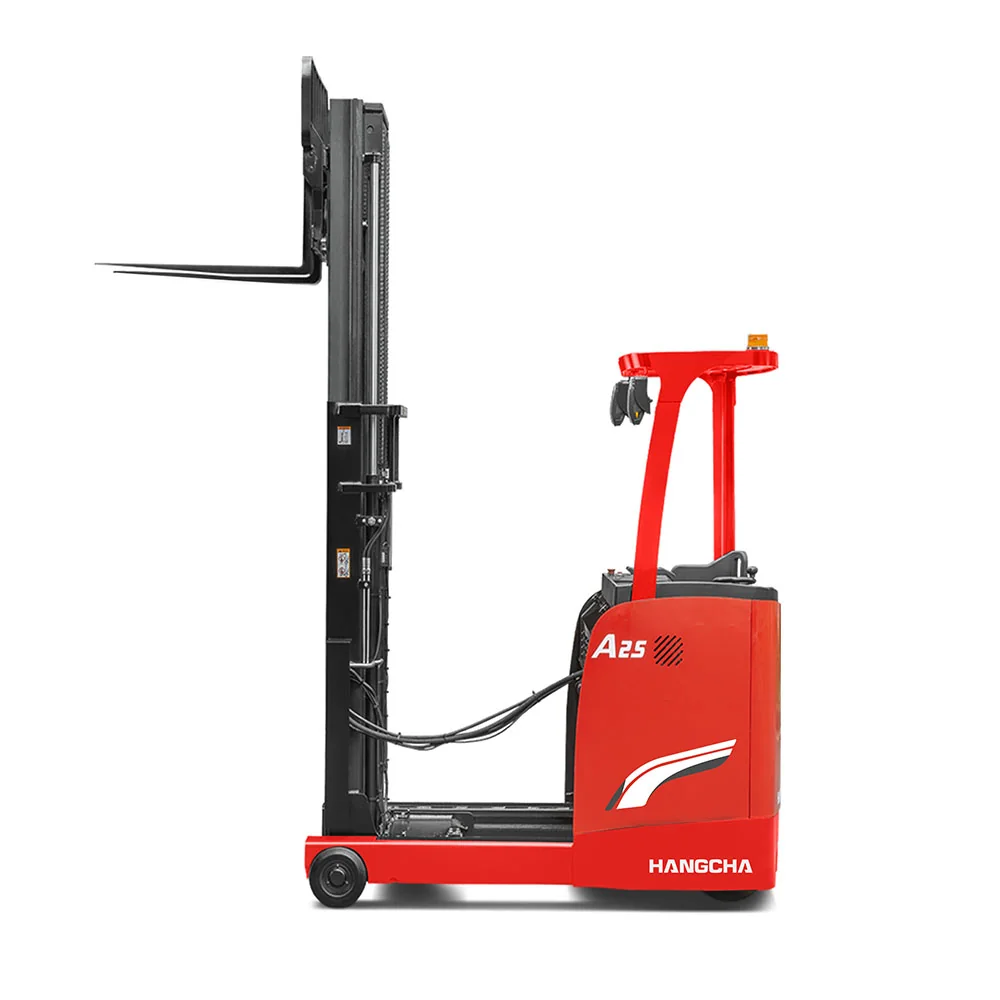 Side view of Hangcha A Series reach truck with mast and forks to the left
