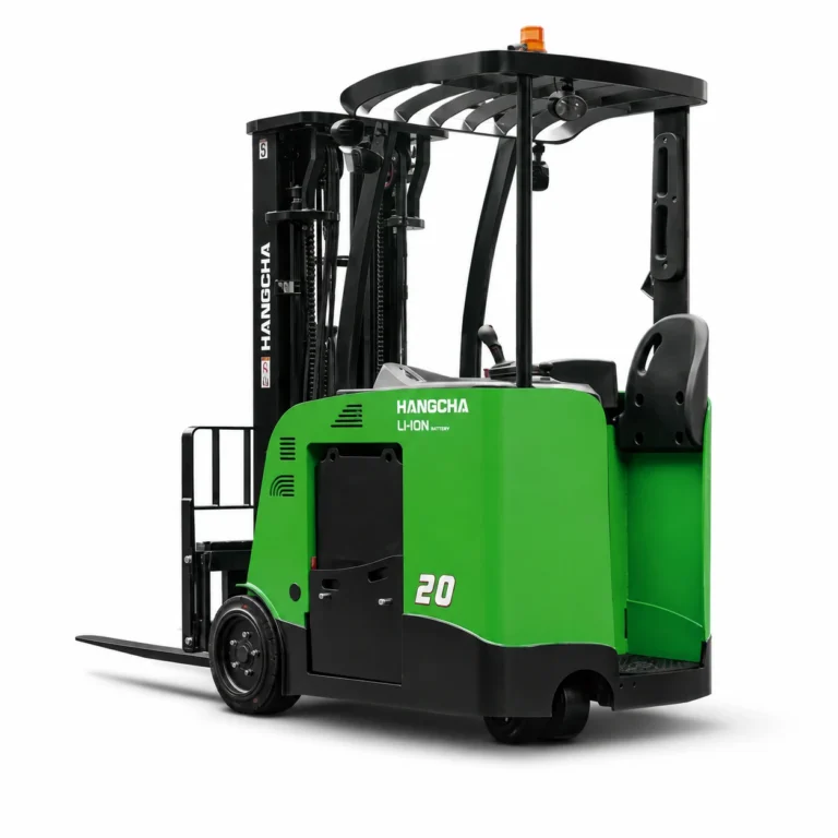 Hangcha A Series stand-up 3-wheel electric forklift, 1.5-2.3 t capacity, front three-quarter studio view