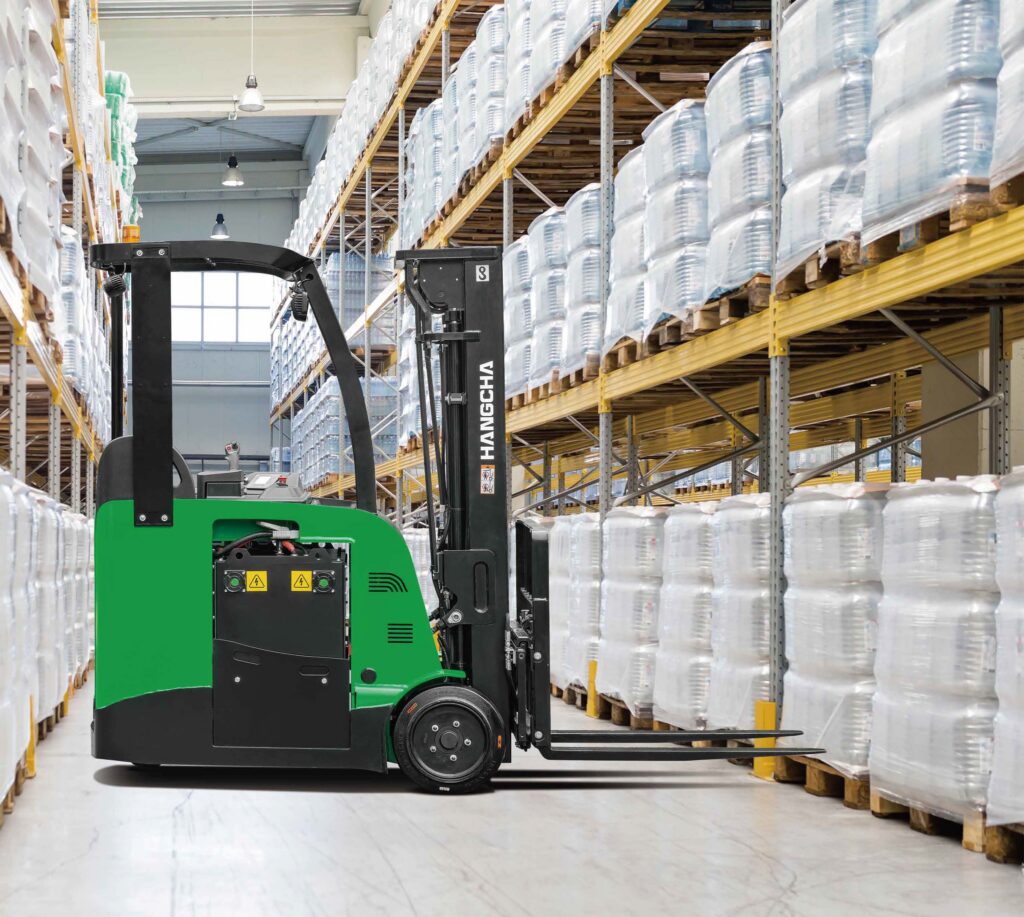 Hangcha A Series stand-up 3-wheel electric forklift used at warehouses