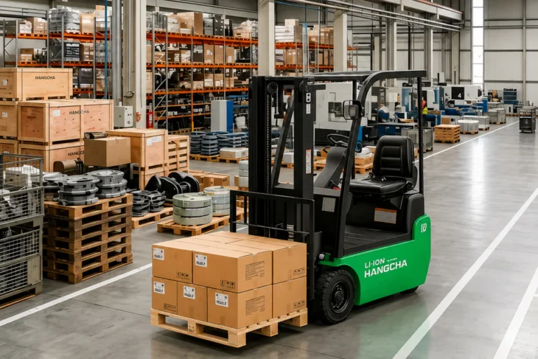 Green Hangcha electric forklift carrying a pallet of boxes inside an industrial facility