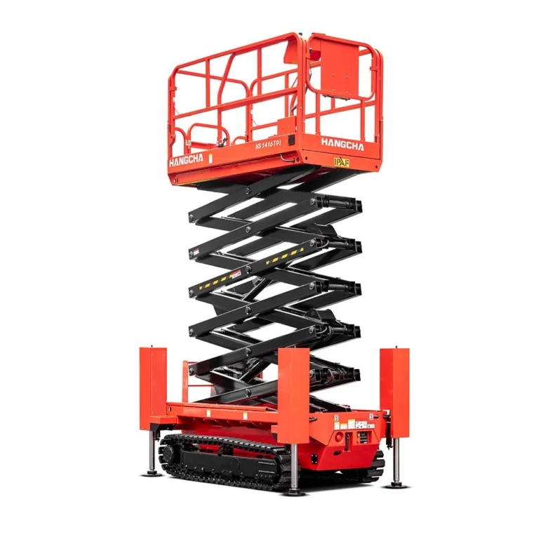 Hangcha HS Series crawler scissor lift with platform raised on outriggers, three-quarter view