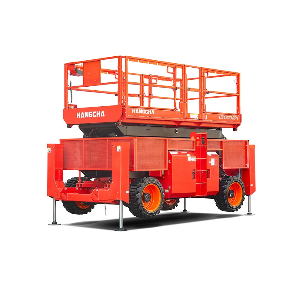 Hangcha HS Series rough terrain scissor lift with platform lowered, three-quarter view