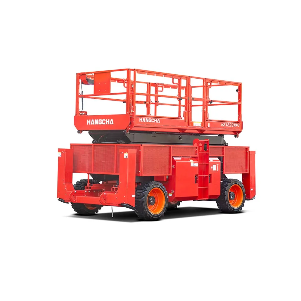 Hangcha HS Series rough terrain scissor lift rear three-quarter view with platform stowed