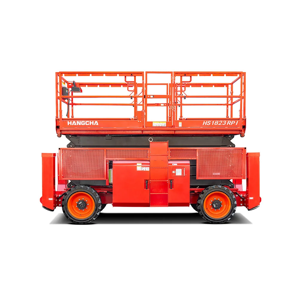 Hangcha HS1823RPI rough terrain scissor lift side view with guardrails and lugged tyres